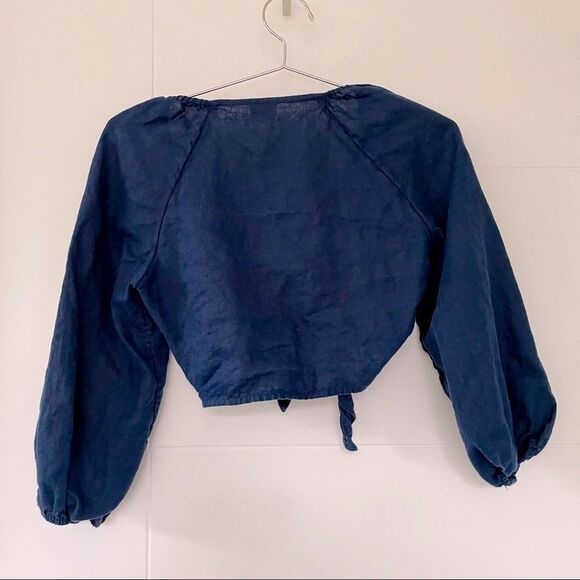 Aritzia Wilfred Linen Tie-Front Crop Top Blouse XS - Navy Blue - Picture 3 of 8